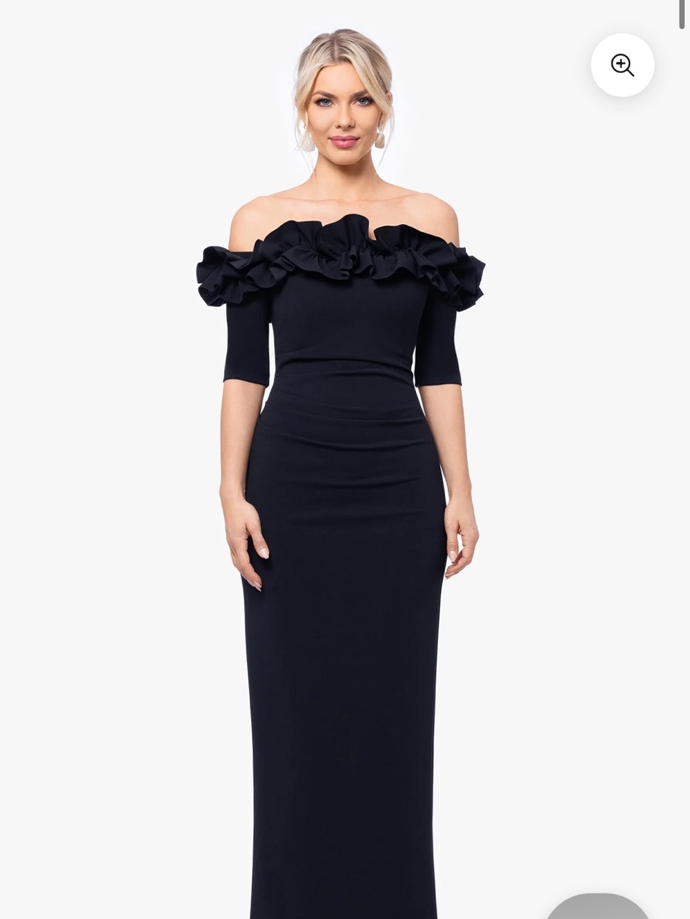 Xscape Navy  One-Shoulder Ruffle Column Gown